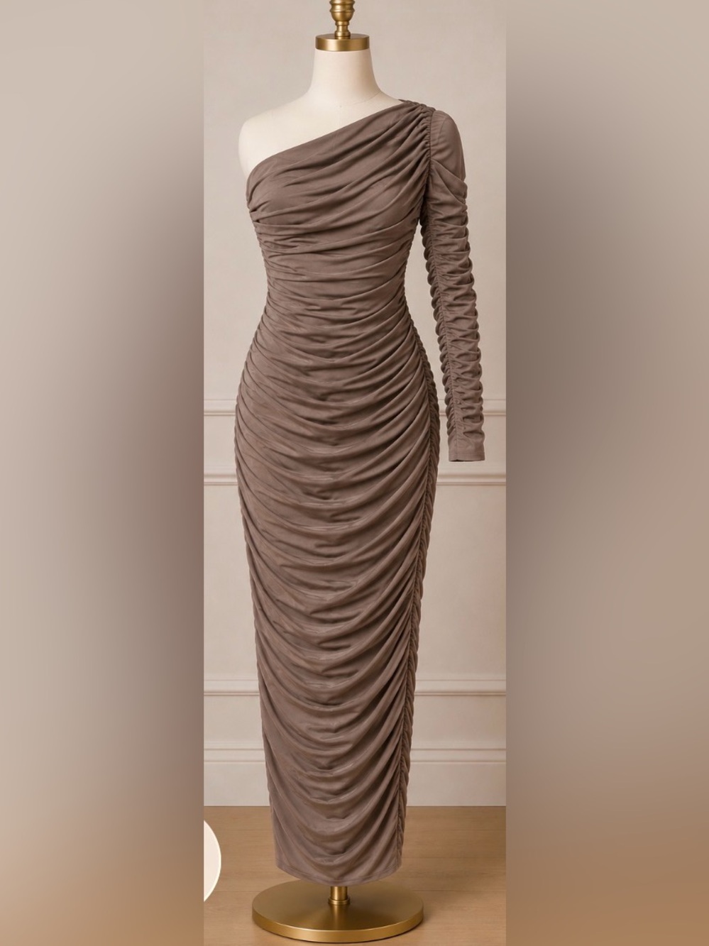JLUXLABEL One-Shoulder Ruched Dress in Taupe